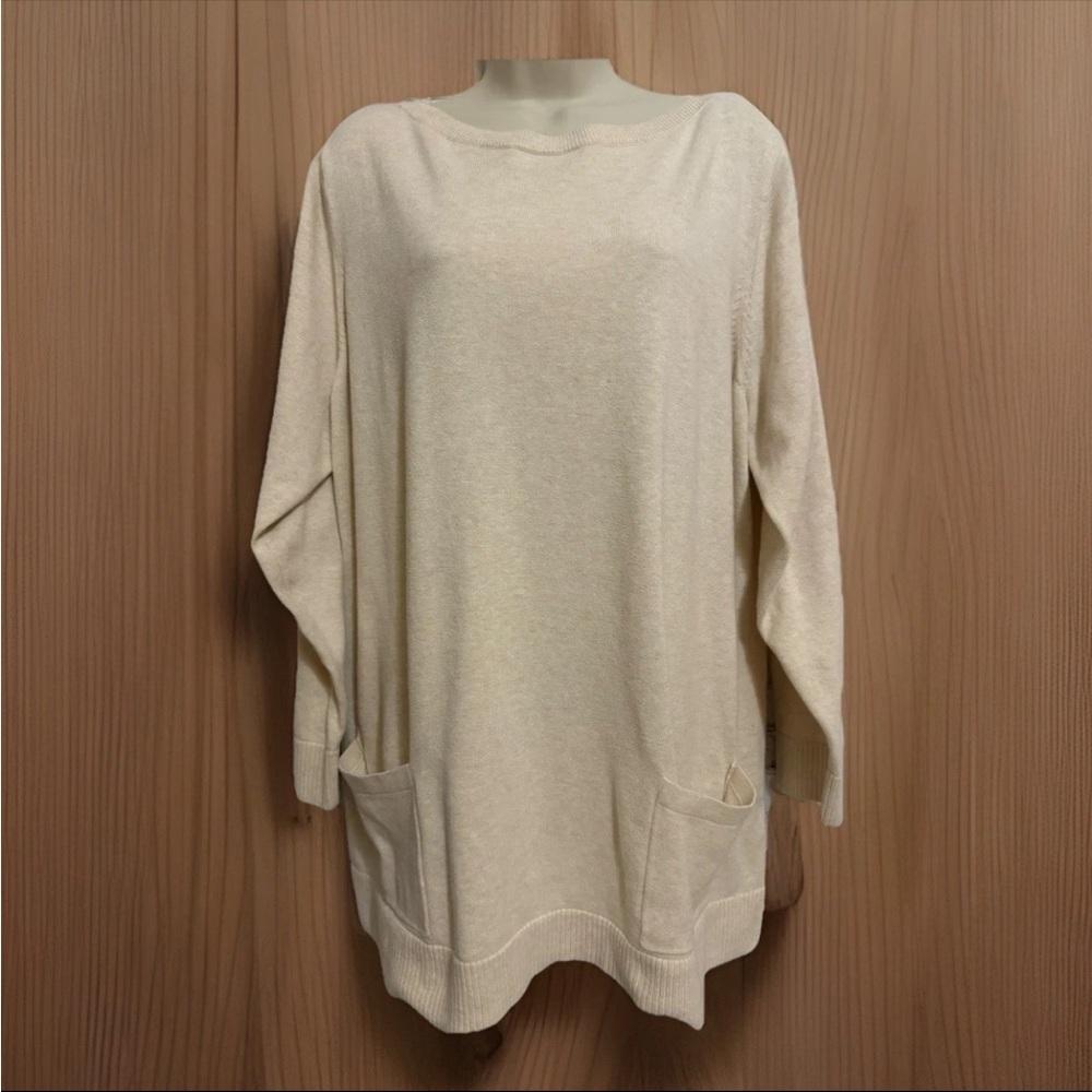 Jeanne Pierre Womens Long Cream 100% Cotton Knit Sweater Size 2X With Pockets